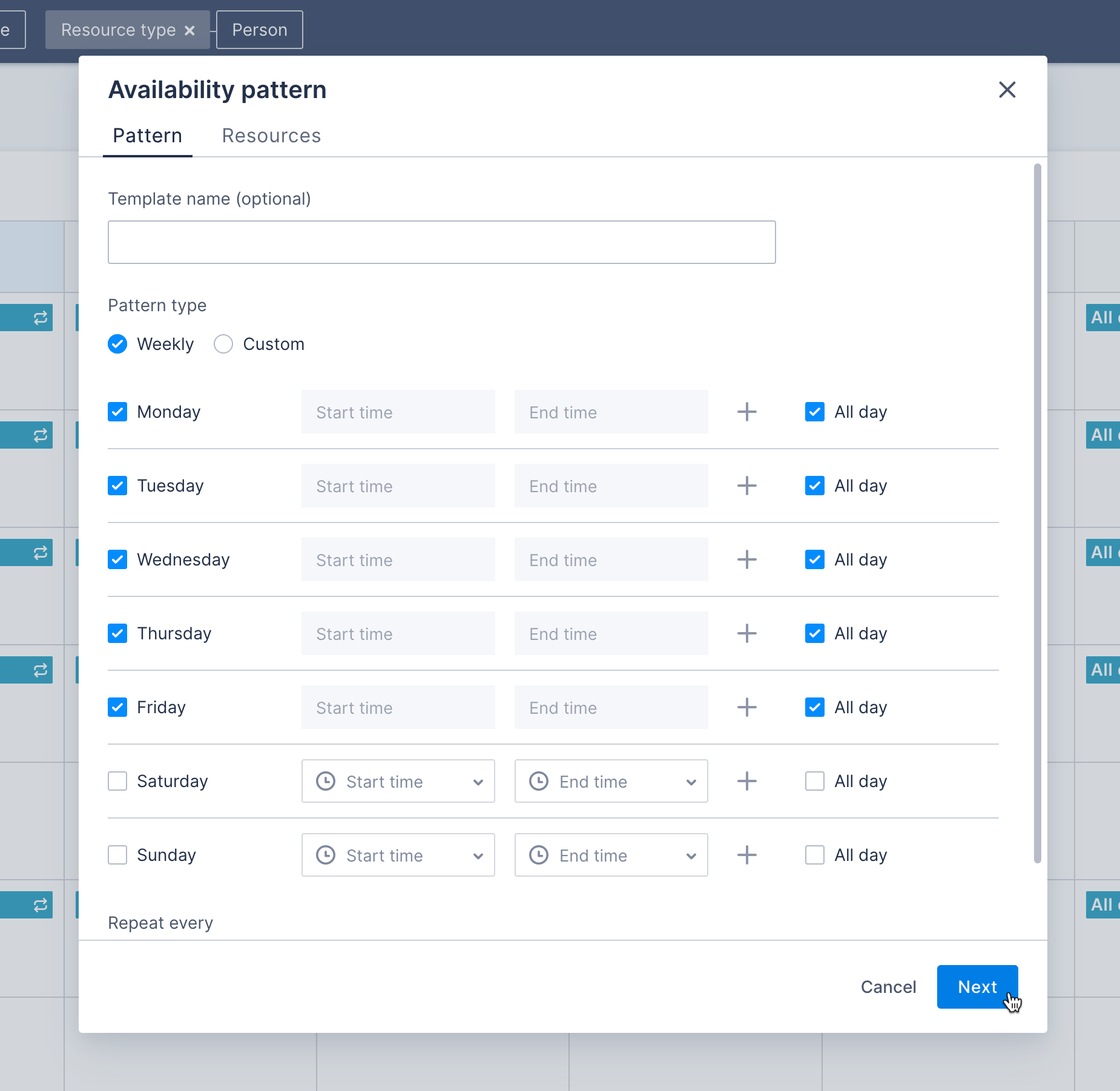 The Availability pattern modal open on the Patterns tab