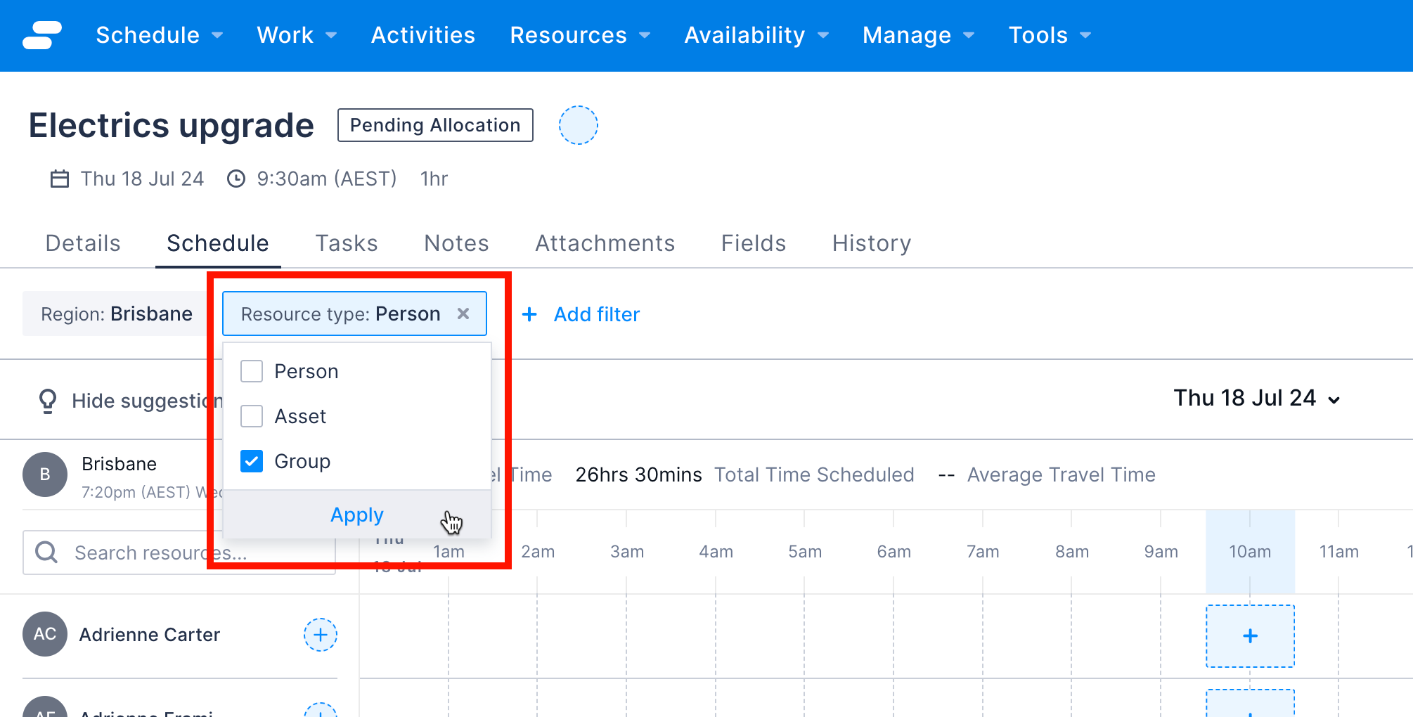 Resource type filter on the work item schedule tab